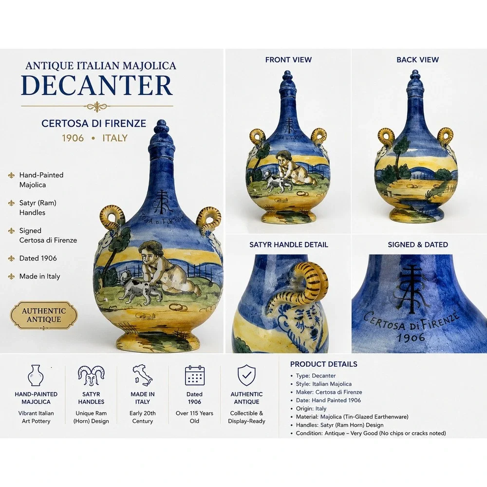 Antique 1906 Certosa di Firenze Italian Majolica Decanter Satyr Ram Horn Handles